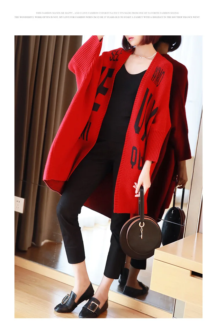 Thick Warm Oversized Autumn Knitted Cardigan Batwing Sleeve Print Letter Sweater Coat Yellow Red Blue Korean Winter Coats L-XXXL