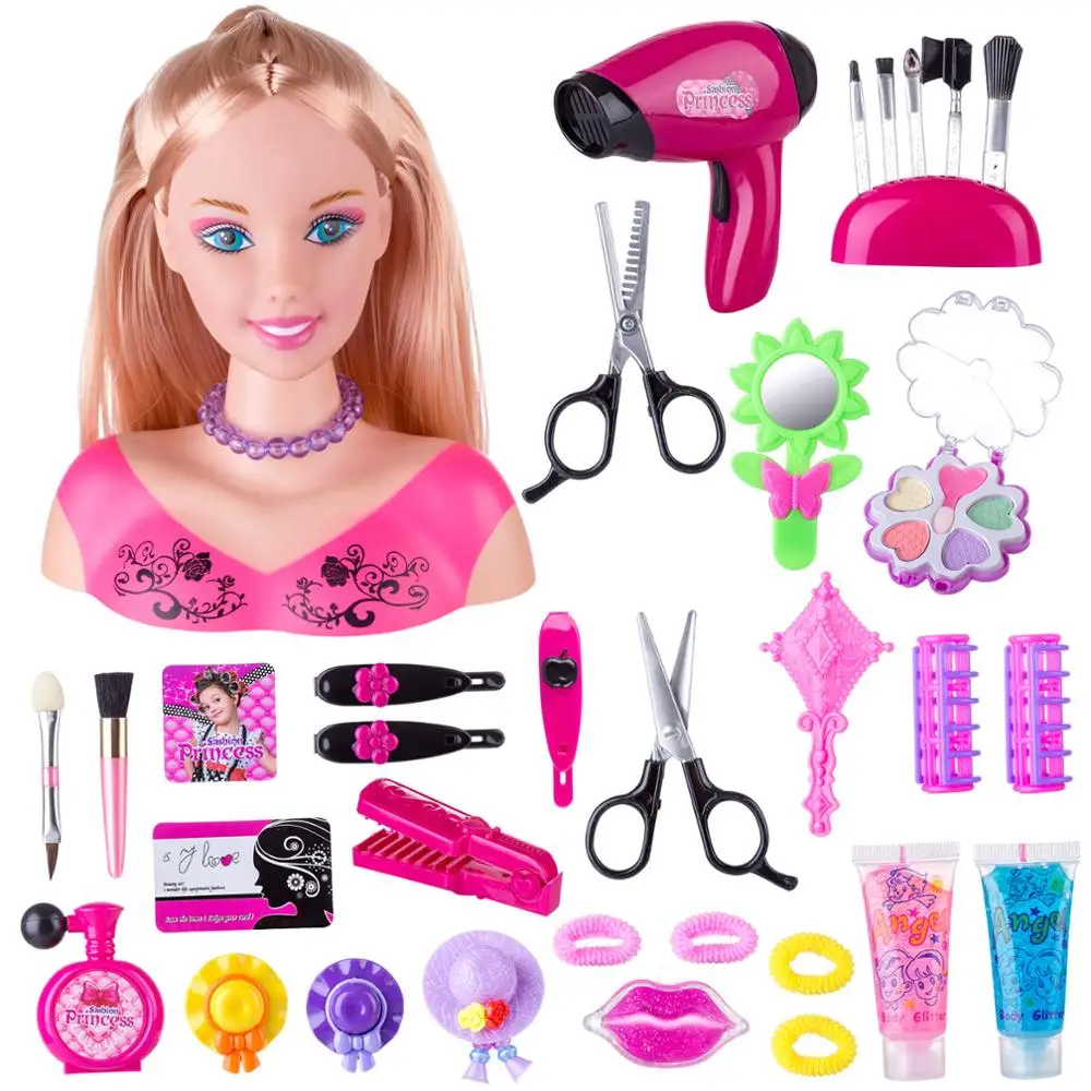 34Pcs 24 x 14 18cm Child Makeup Pretend Playset Styling Head Doll Hairstyle Beauty Toy with Hair Dryer Birthday Gift For Girl | Игрушки и