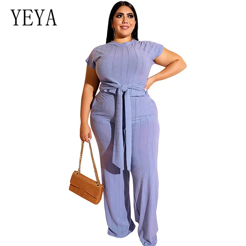 Light Blue YEYA большой Размеры 4XL 5XL Винтаж широкий комбинезон с длинными рукавами комплекты из двух предметов комбинезон с коротким рукавом Для женщин костюмы «плюс сайз» Повседневное комбинезоны - Цвет: Light Blue