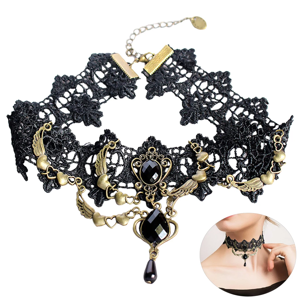 Сексуальные Collares Чокеры в готическом стиле кристально черное кружевное ожерелье, колье винтажное викторианское женское чокер стимпанк ювелирные изделия