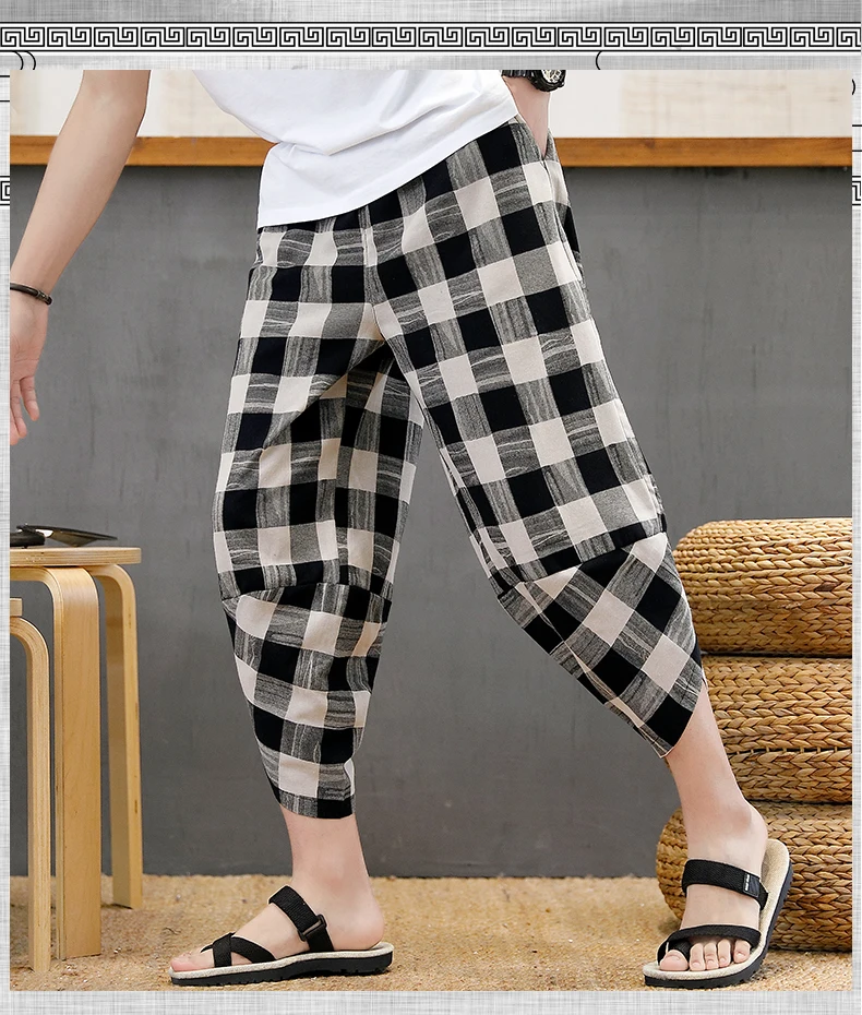 Summer Men's Cotton Linen Shorts Harem Pants Elastic Waist Wide Leg Pants Vintage Plaid Printed Trousers Male Loose Pantalon 5XL best casual shorts for men