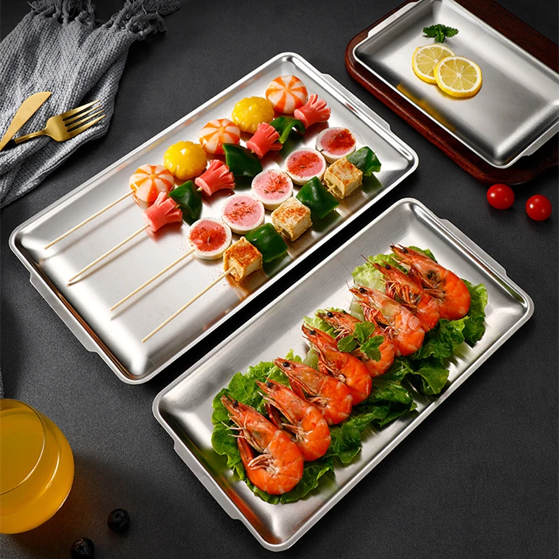 Stainless Steel Food Storage Tray Flat Bottom Shallow Trays Sushi BBQ Dish Fruit Vegetable Plate Kitchen Bread Baking Pan 6