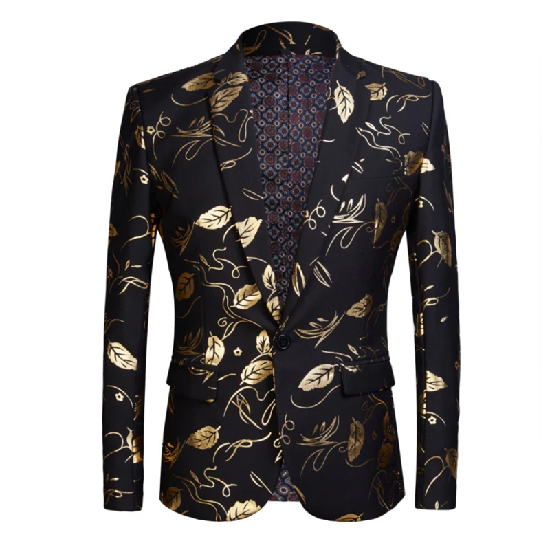 

Blazer European and American Popular Men's Black Bottom Gold Leaf Bronzing Fashion Banquet Party Core One Buckle Suit Jacket