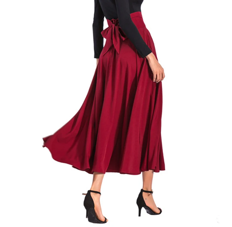 2020 New Fashion  Women Long Skirt Casual Spring  Summer Skirt womens Elegant Solid Bow-knot A-line Maxi Skirt Women Cothes (14)