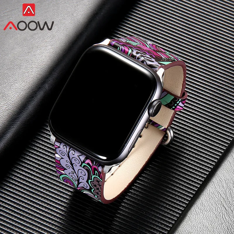 Кожаный ремешок для часов Apple Watch 38 мм 42 мм 40 мм 44 мм цветочный ремешок с цветочным принтом Национальный стиль браслет для iwatch 1 2 3 4