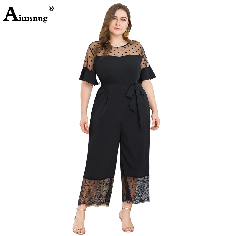 

Aimsnug Large Size 3xl 4xl Solid Black Mesh Wave Point Stitching Lace Lace-up Autumn New 2019 Casual Women's Wide Leg Jumpsuits