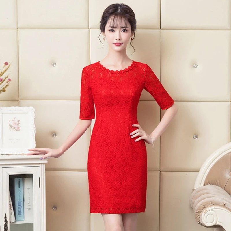 Тост одежда невесты cheongsam Новое Красное Кружевное платье cheongsam свадебное платье женское платье Короткая секция повседневная одежда