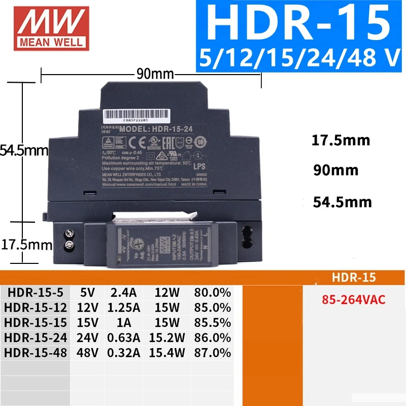 Бренд MEAN WELL представляет HDR-15 30 60 100 5V 12V 15V 24V 48 V meanwell HDR-15-30-60-100 Вт до 5 лет, 12 предметов в упаковке 15 24 48В одиночный Выход промышленные на din-рейку