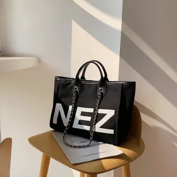 

Travel fashion chain one shoulder big bag for women large capacity simple tote bag net red handbag canvas schoolgirl bag2020