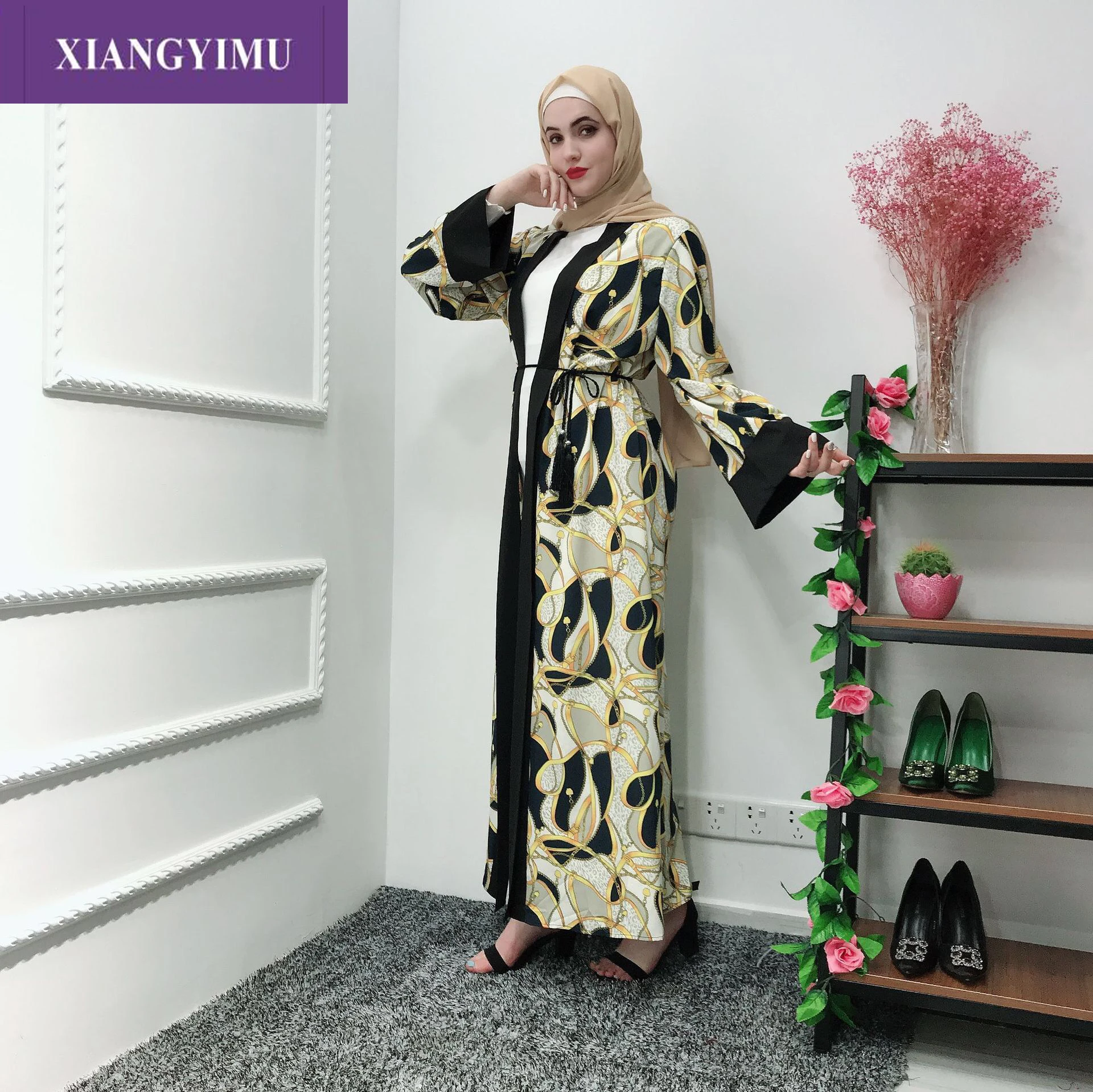 

LR247 Abayas Robe Hijab-Dresses Kaftan Turkey Islamic-Clothing Bangladesh Flower-Print Dubai
