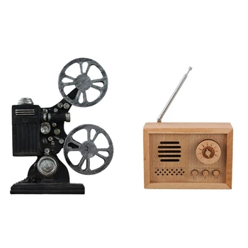 

AAAK -1Pcs Vintage Resin Projector Ornament Retro Model & 1Pcs Music Box Wood Ornaments Decor Fairy Birthday Gift