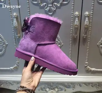 

Black 2020 Diamond Bows Snow Boots Genuine Sheep Leather Fur 100% Wool Women Winter Snow Boots New Brand Boots Without Box