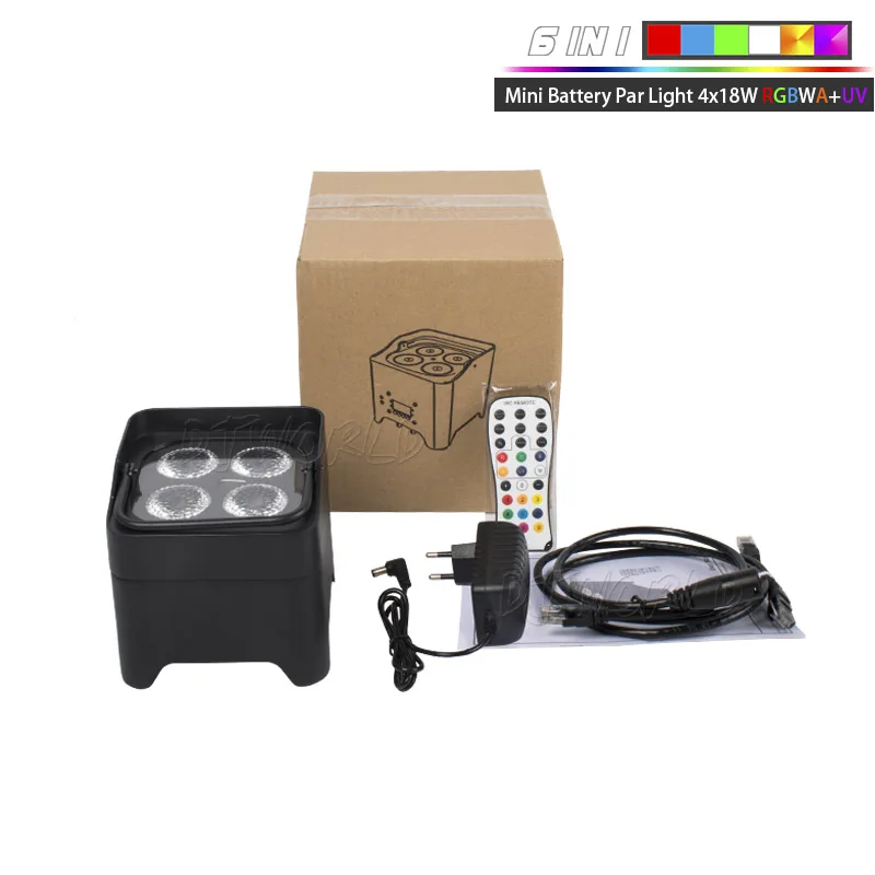 4x18W RGBWA UV DJworld 4x18 Вт RGBWA УФ светодиодный вверх светильник Батарея беспроводный Par Светильник Wi-Fi и ИК-пульт дистанционного управления Управление DMX вверх светильник ing DJ мыть диско этапа венчания - Цвет: 4x18W RGBWA UV