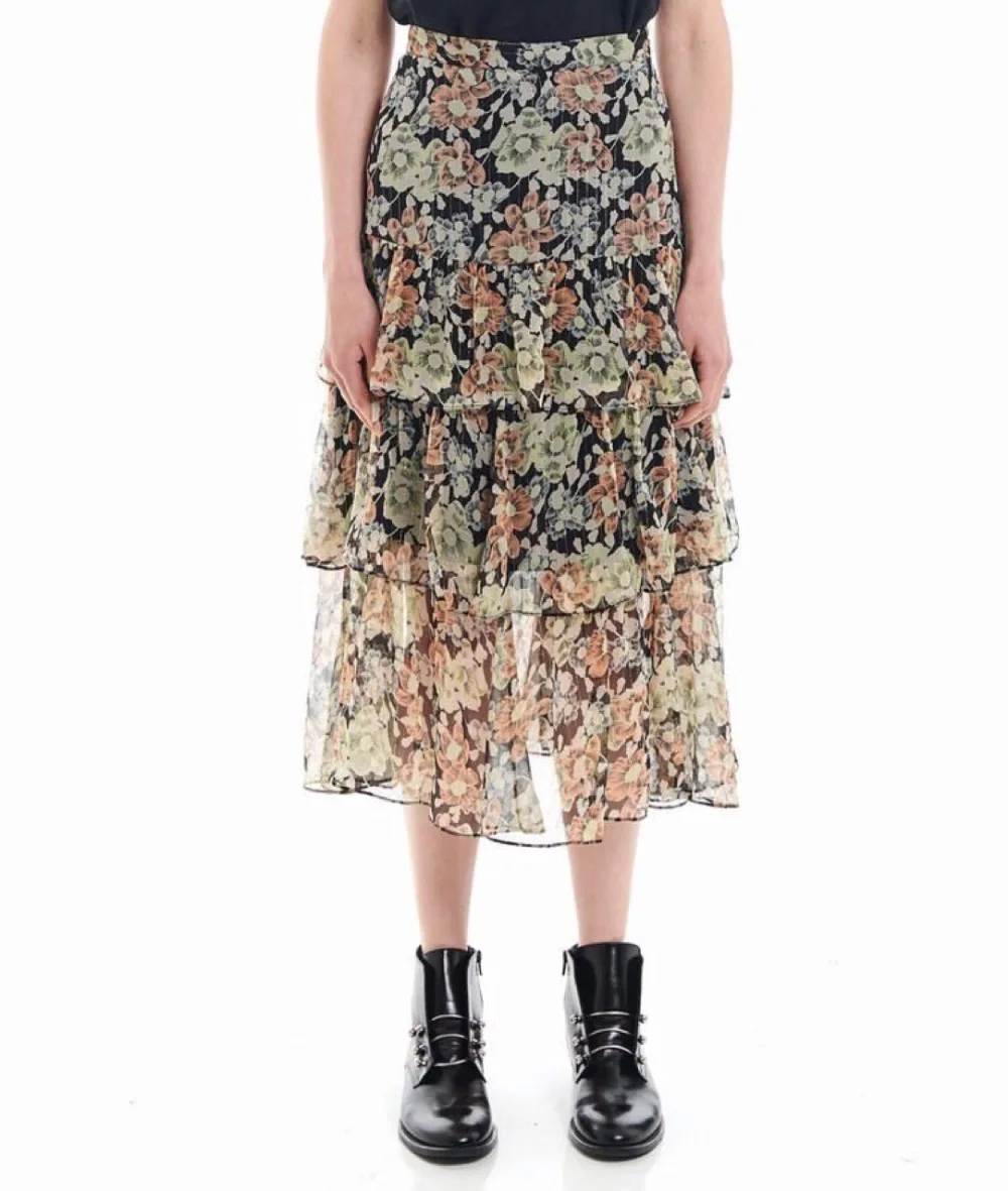 High-end Lurex Women Silk Floral Golden Metallic Yarn Layer Midi Long Skirt With Black Lining- Latest Female Floral Print Skirt