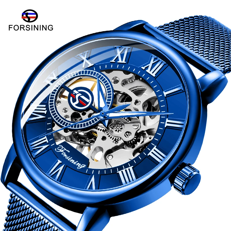 

Fashion FORSINING Design Skeleton Mechanical Watch Mesh Bracelet Luminous Hands Transparent For Men Clock
