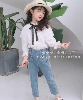 

2020 spring girls sets white bow lace shirt with pearl jeans girls suits