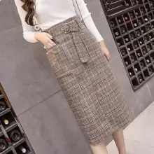 Женская шерстяная теплая зимняя юбка больших размеров для офиса, элегантная клетчатая юбка с высокой талией и поясом, длинная прямая юбка