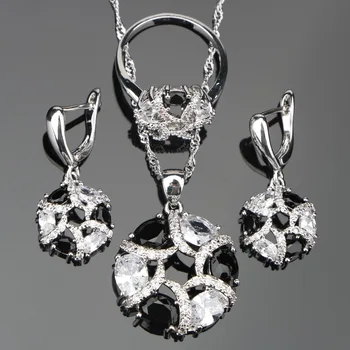

Wedding Silver 925 Costume Jewelry Sets For Women Earrings/Pendant/Necklace/Ring Set Black Stones White Zircon Jewelery Gift Box