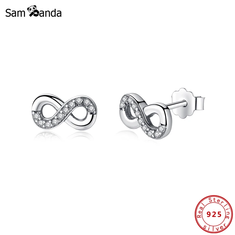 Original 925 Sterling Silver Stud Earrings Crystal Infinite Love Earings For Women Fine Jewelry Luxury Valentine's Day Gifts | Украшения