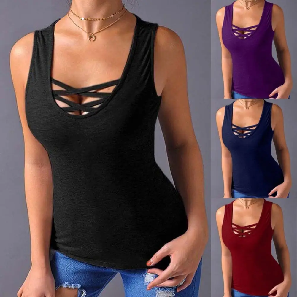 

Plus Size Fashion Summer Solid Color Women Clothing Cross Strap Round Neck Selveless Casual Loose Tank Top Vest Tops