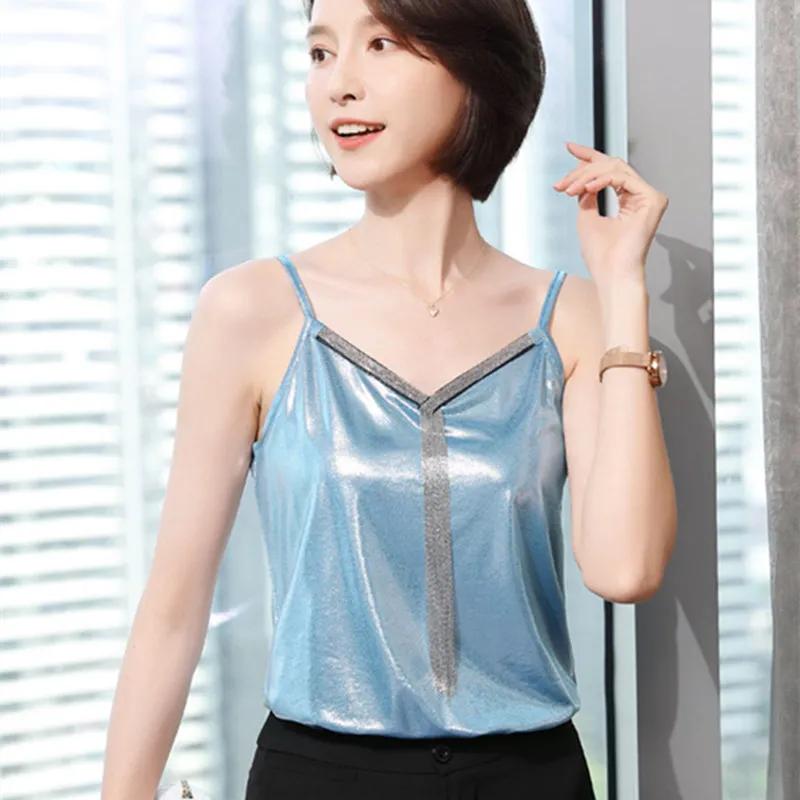 Korean Silk Women Tops Women Satin Blouses Top Woman Sleeveless Tassel Shirts Tops Plus Size Woman Silk V Neck Blouse White Top