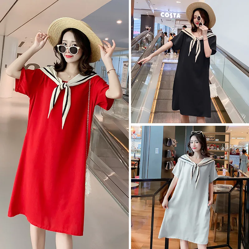 

Maternity Clothes 2019 New Style Summer Pregnant Women Medium-length Korean-style Versatile Navy Collar Chiffon Fashion Mom Dres