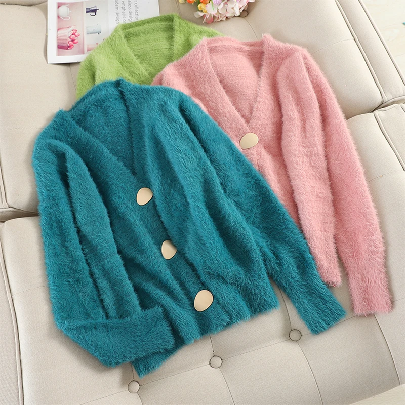 

Solid Elegant Women Cardigans Casual V-Neck Mink Cashmere Knitted Women Sweaters Coat Slim Autumn Winter Clothes Female 2020