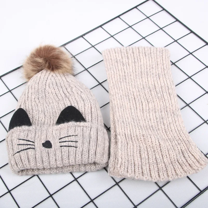 cat beige Г., осенне-зимняя шапка для маленьких мальчиков и девочек, шарф, 2 предмета, вязанная шерстяная шапка бини, Детский комплект с капюшоном и воротником, плотный плюшевый шарф, шапка, комплект - Цвет: cat beige