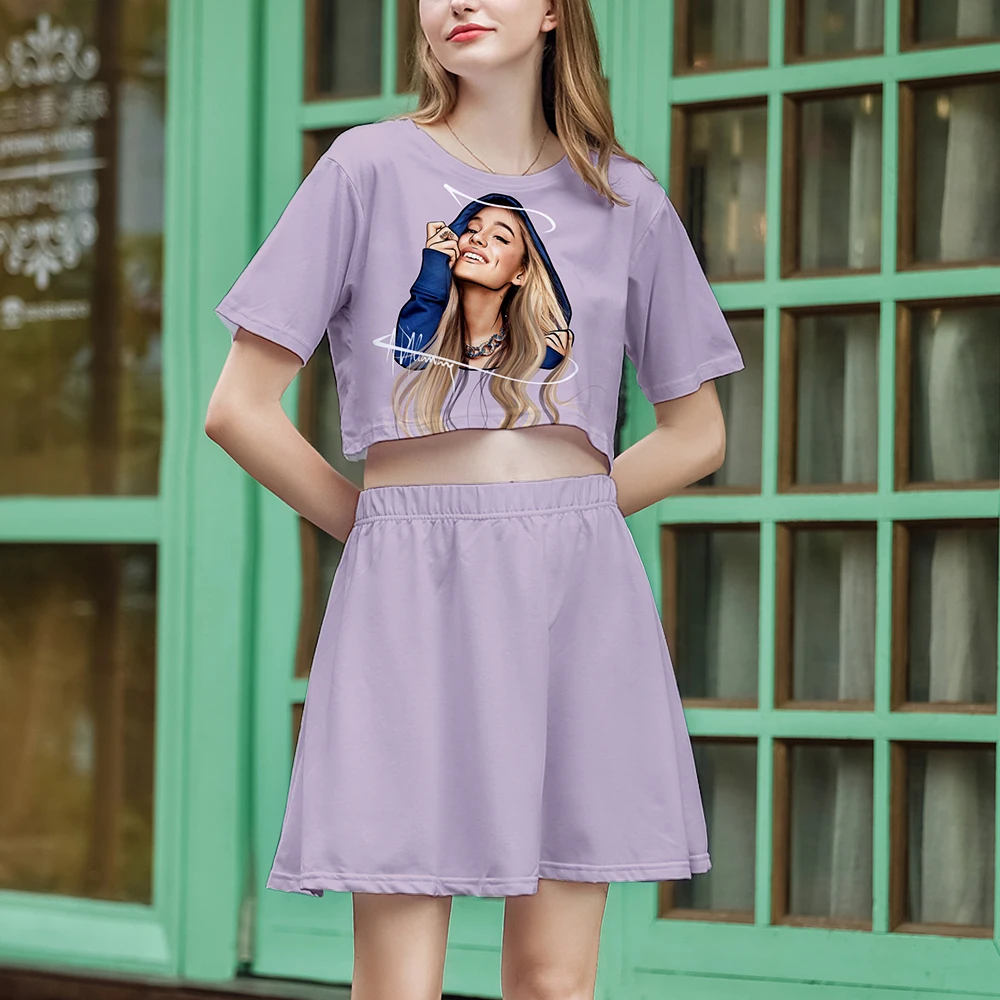 Ariana Grande/костюм с 3D короткой юбкой, Лидер продаж, футболка с короткими рукавами и короткая юбка, костюм из двух предметов, Новые повседневные комплекты высокого качества