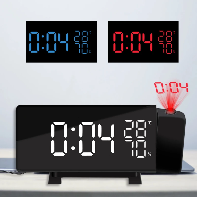 3-Color LCD Digital Radio Projection Alarm Clock Dual Alarm 2x USB Black 