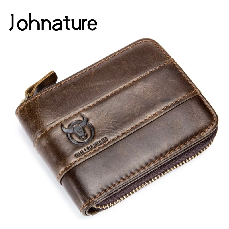 

Johnature Mens Wallet Leather Genuine 2019 New Casual Cowhide Wallet Card Holder Multi-card Position Short Purses Men Wallets