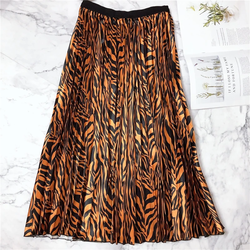 REALEFT New Women Brown Zebra Pattern Elegant Pleated Long Skirts High Waist Harajuku Tulle A-Line Mid-Calf Skirts Female