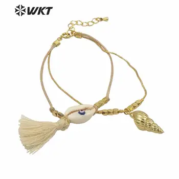 

WT-MPB027 Amazing gold women tiny cowrie bracelet double layer bohemian vintage trumpet shell tassel bracelet as gift