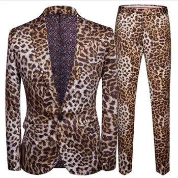 

Men's trendy plus size night club leopard trendy 2 piece set men's suit with pants stage singer costume casual suit