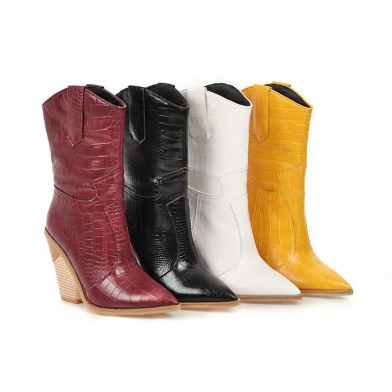 SIMLOVEYO/женские ботинки до середины икры с острым носком, на толстом квадратном каблуке, в ковбойском стиле, однотонные, большие размеры 34-48, желтый, красный цвет, Повседневная Осенняя обувь