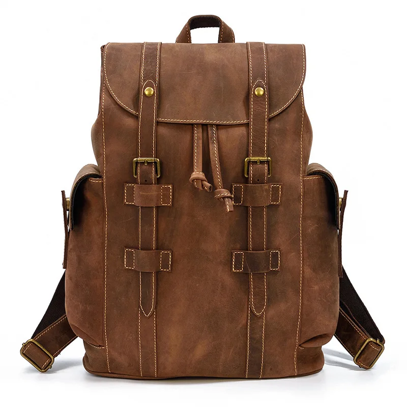 

Genuine Leather Men Backpack 18" Laptop Shoulder Bag Retro Outdoor Travel Backpacks Large Capacity Crazy Horse Leather Schoolbag