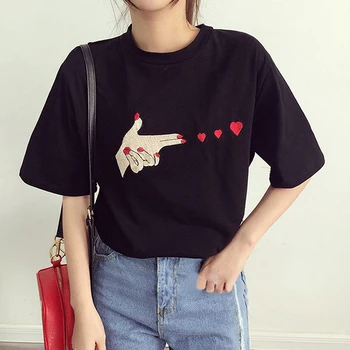 

Fashion Finger Heart Women's T-shirts Casual T Shirt Tops for Women Fashion Summer Tops Tees Short Sleeve O-neck Cotton T-shirt