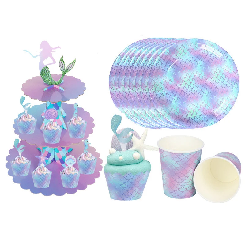 Mermaid Party Decorations Girl Birthday Cake Stand Paper Plate Cup Under The Sea Party Baby Shower Party Supplies (1)