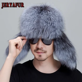 

JERYAFUR Russian leather leather bomber hat men's winter hat earphones earmuffs men's hats natural raccoon fur black fox hat