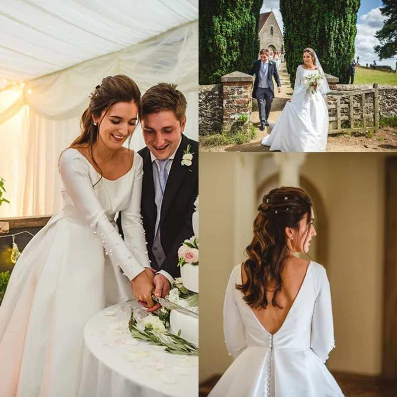 

Square Neck A-line Wedding Dresses 2020 stain low back pearls long sleeve puffy skirt princess garden wedding Anniversary dress