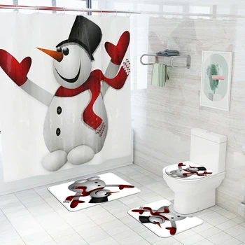 

high quality Christmas Snowman Print Mat And Shower Curtains Bath Non-slip mat Bathroom Decor with Hooks Waterproof Four pcs Set