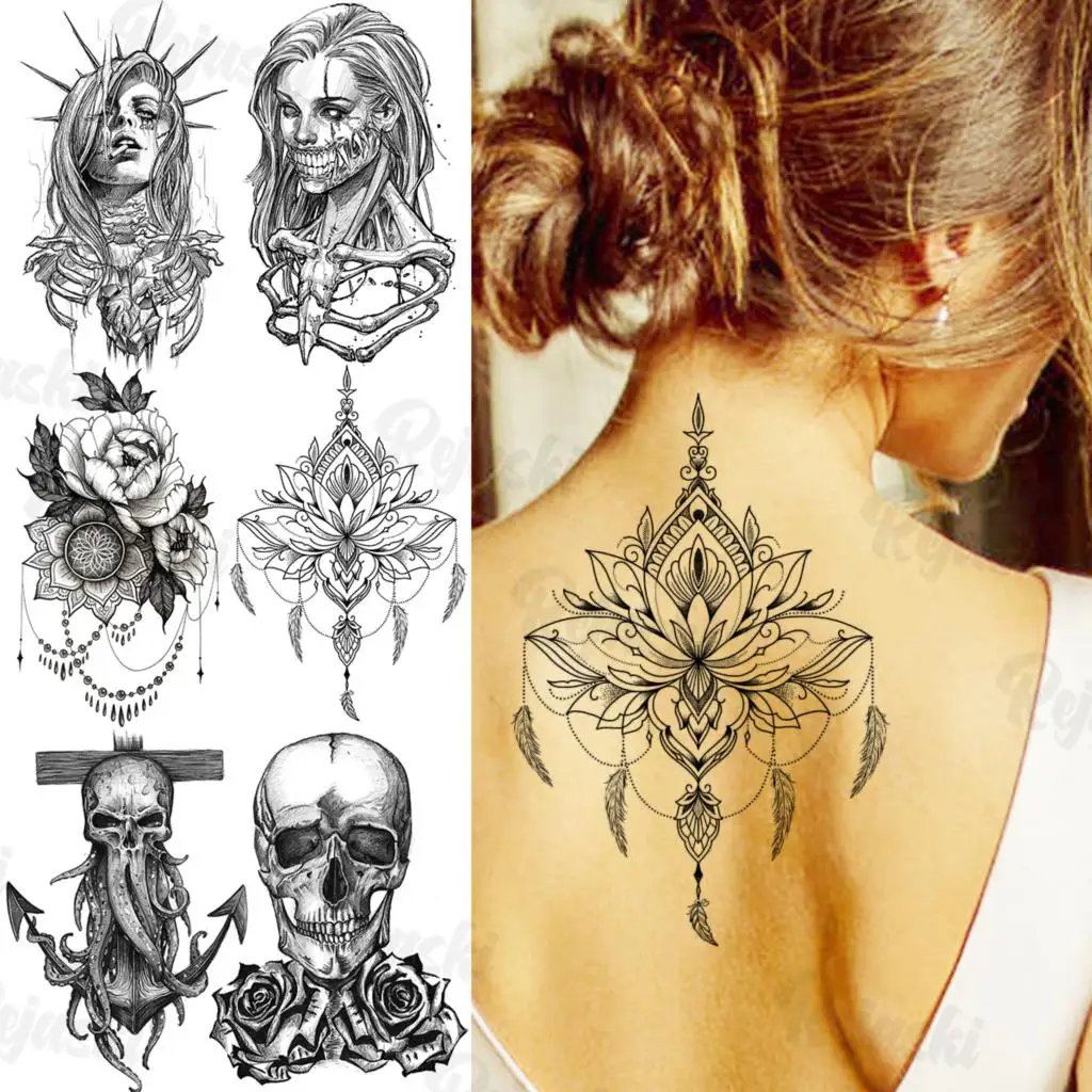 

Временные татуировки для женщин и мужчин, большие хуны, лотос, перо, осьминог вампир, Череп, цветок, искусственная тату-наклейка, сексуальные татуировки на спину, 3D