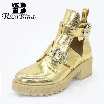 

RIZABINA Woman Ankle Boots Metal Buckle Thick Heel Woman Short Boots Fashion Cool Spring Autumn Shoes Woman Footwear Size 36-41