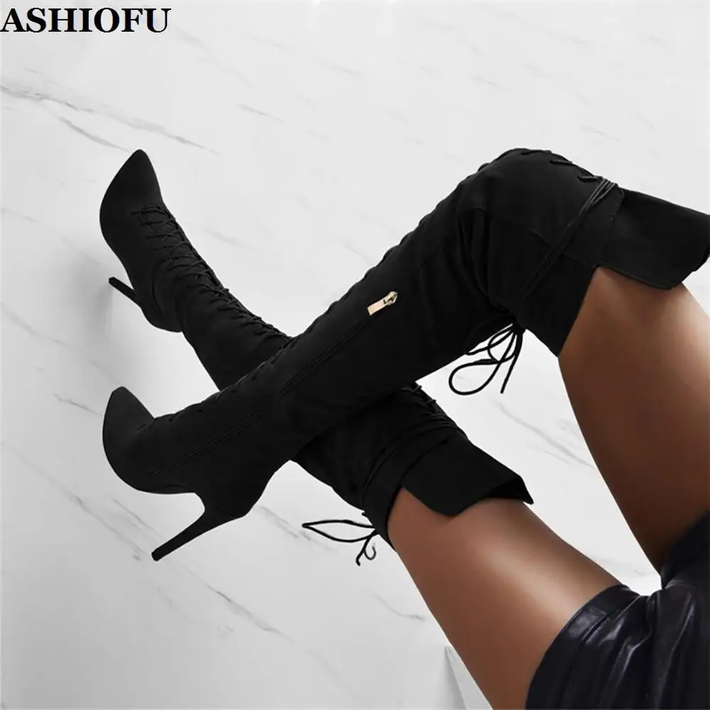 

ASHIOFU New Wholesale Handmade Women's Thigh High Boots Party Prom Dress Over Knee Boots Winter Sexy Evening Fashion Long Boots