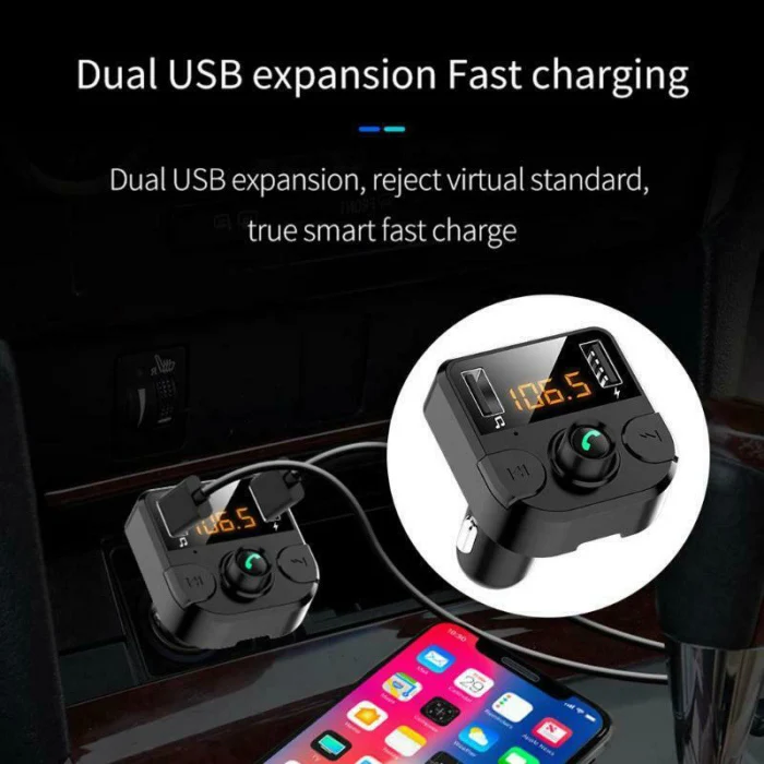 Автомобильное зарядное устройство с двумя usb-портами 2.1A 1A, Bluetooth 5,0, автомобильный комплект, беспроводной fm-передатчик, воспроизведение музыки, громкая связь, вызов DU55