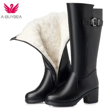 

Thick High Heels Women Winter Shoes Genuine Leather Women Winter Boots With Warm Wool Fur High Quality Knee High Boots