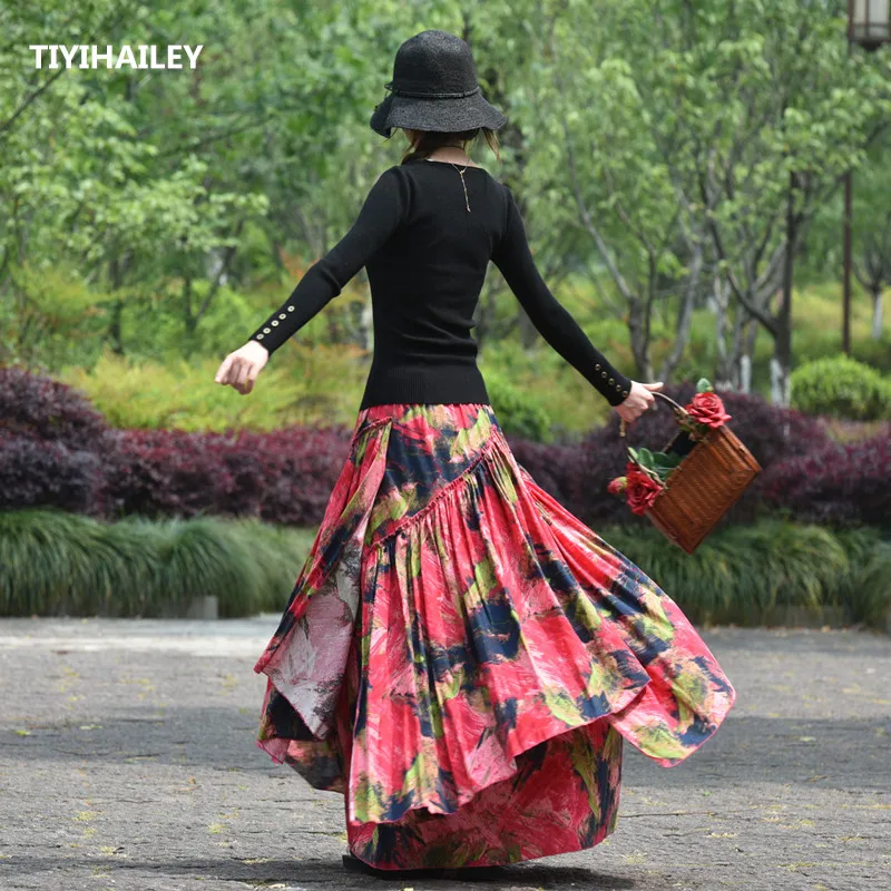 TIYIHAILEY-faldas de algodón y lino para mujer, faldas largas con estampado de línea A, cintura elástica, estilo chino, S-2XL, para otoño, envío gratis - AliExpress Ropa de mujer