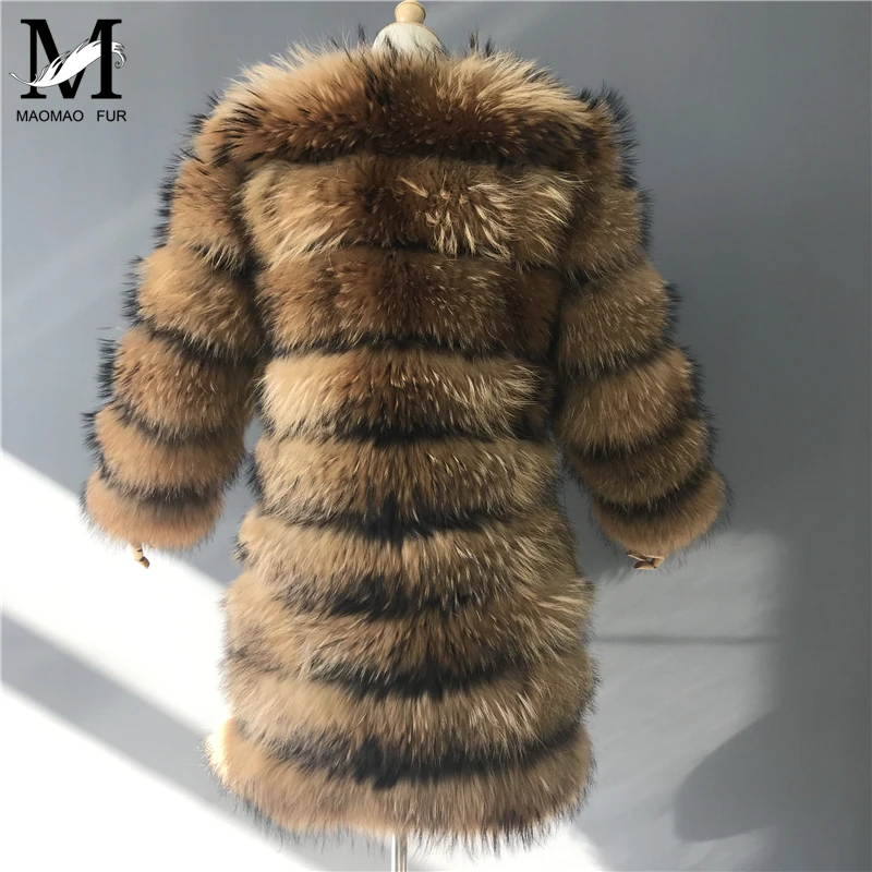 Пальто с натуральным мехом, зимняя женская куртка с натуральным мехом енота, длинное пальто с мехом в полоску