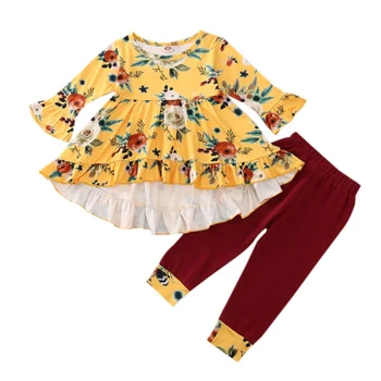 

Children Set 2020 Autumn Winter Flower Print Ruffled Long-sleeved Top And Pants Two-piece Suit