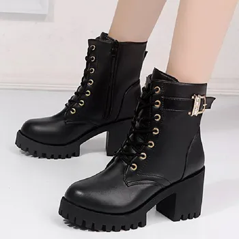 

Women Martin Boots High Heels Square Platform Ankle Winter Shoes Fashion Sexy Lace Up Black Leather Women Short Boots VT1470